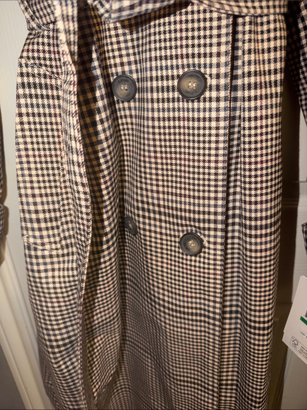DKNY Black & White Houndstooth Double-Breasted Trench Coat with Detachable Hood - Picture 8 of 14